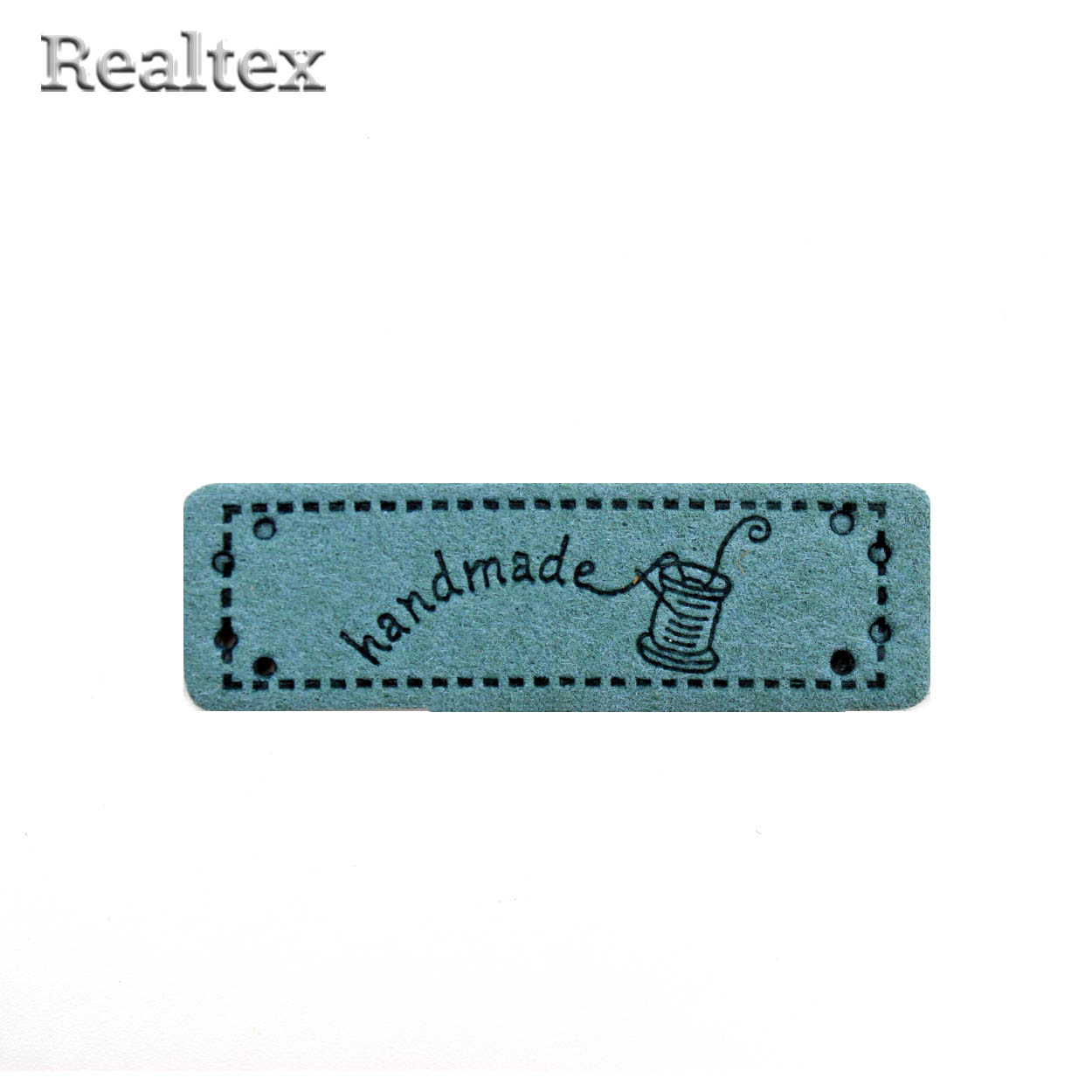 Бирка пришивная замша Realtex №24 "Катушка ниток с иглой" цв.джинсовый