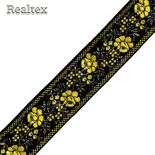 Тесьма жакардовая 32мм с3104г17 рис.9578"в" (50м) цв.черный/желтый/золото