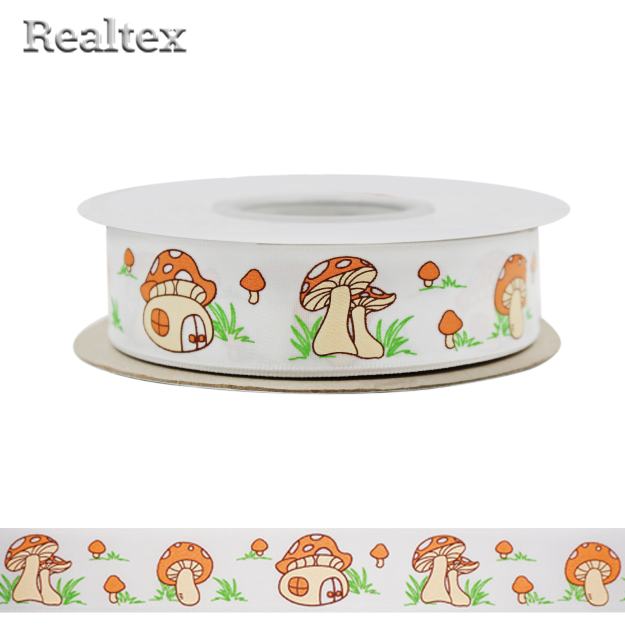 Лента атласная с рисунком 22мм "Грибы" цв.029 белый