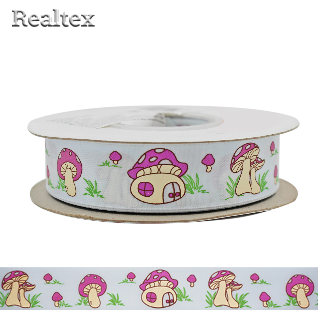 Лента атласная с рисунком 22мм "Грибы" цв.303 цв.голубой