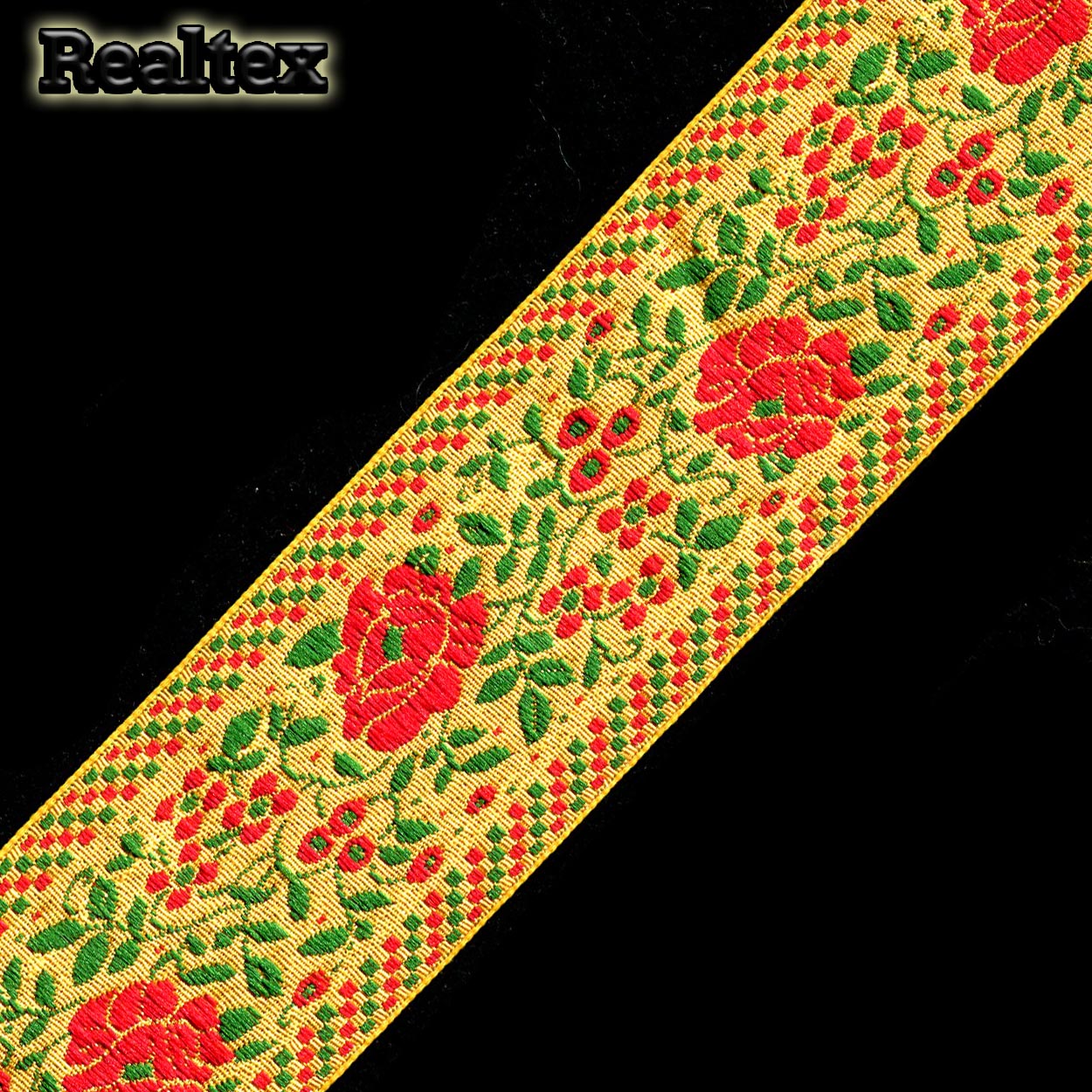 Тесьма жакардовая 50мм с3379г17 рис.9600 (25м) цв.желтый/красный