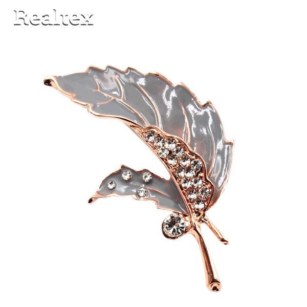Брошь ювелирная Realtex R-089 "Листик" цв.золото/серый 