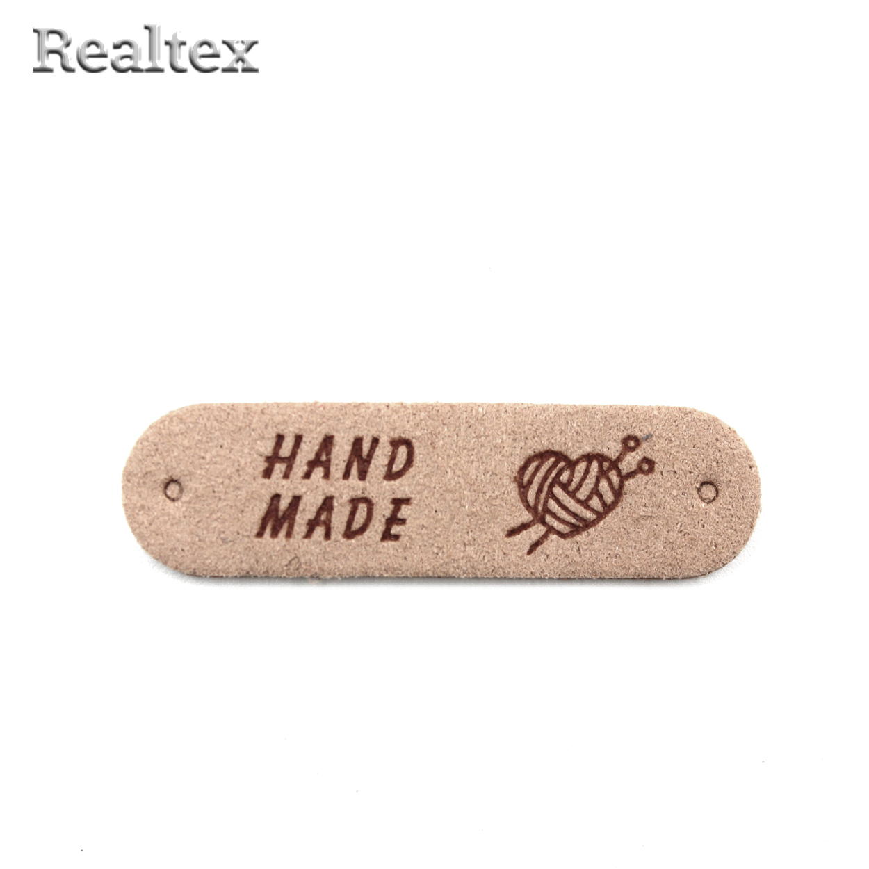 Бирка пришивная замша Realtex №23 "Клубок сердечком со спицами" цв.розово-бежевый