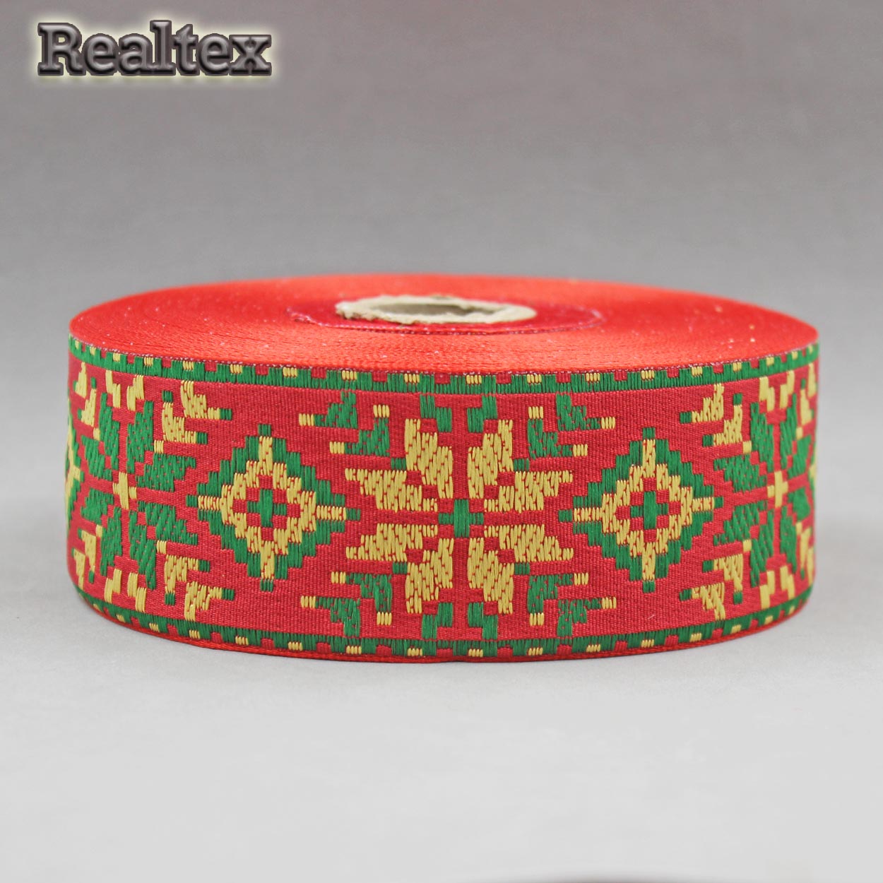 Тесьма жакардовая 50мм с3379г17 рис.9645 (25м) цв.красный/жёлтый/зеленый