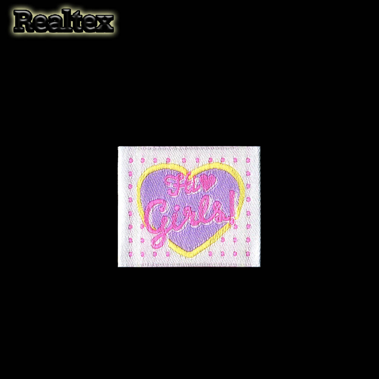 Бирка пришивная ткань Realtex №63 "HiGirls" (25шт) цв.белый/сиреневый