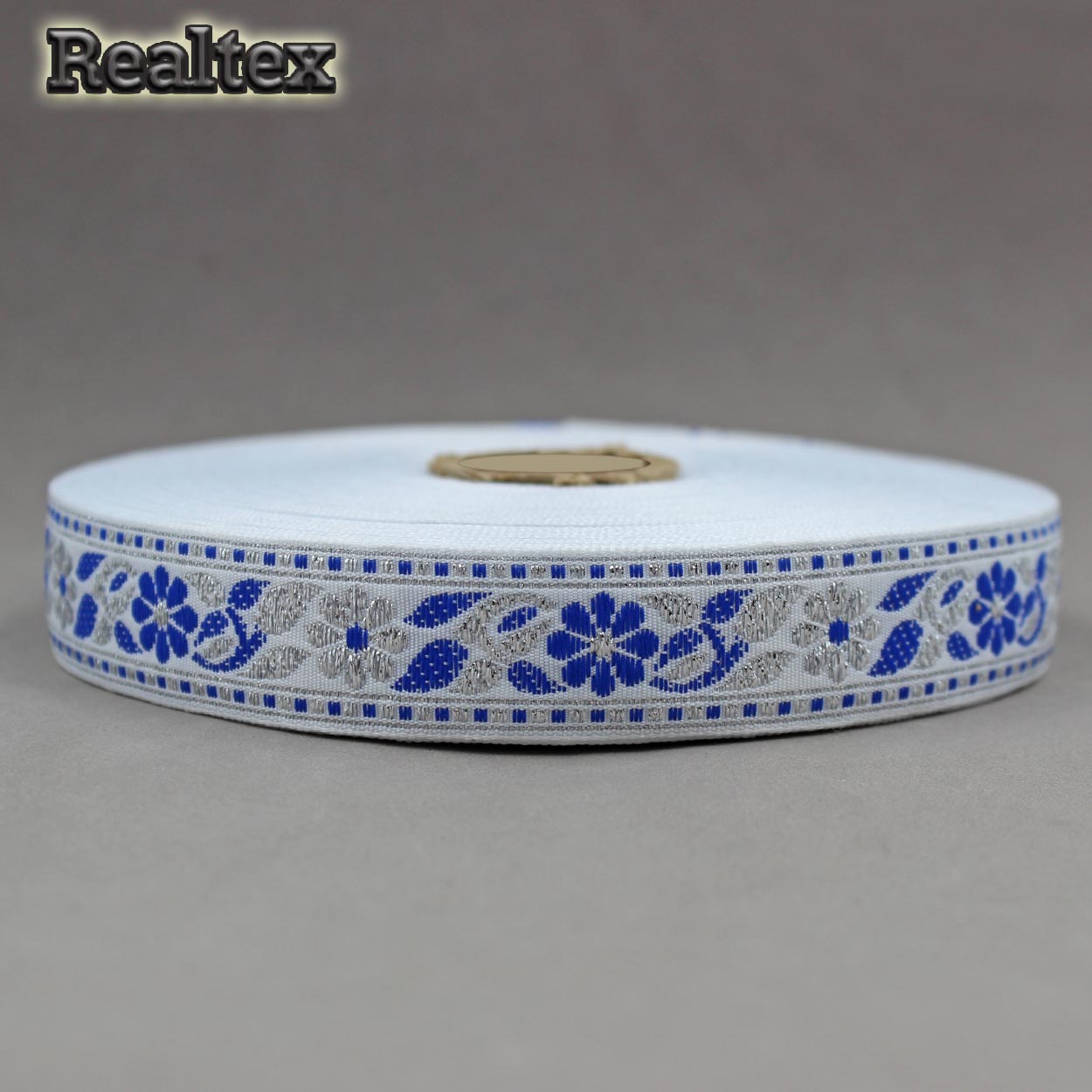 Тесьма жакардовая 24мм с1857г17 рис.8972"в" (25м) цв.белый/синий/серебро