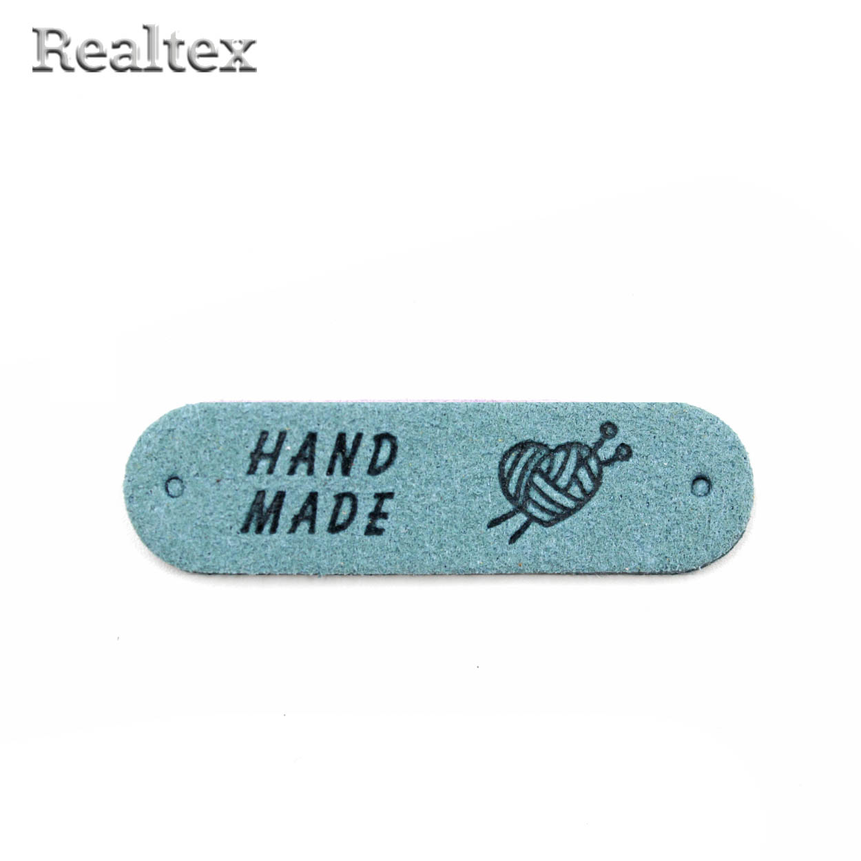 Бирка пришивная замша Realtex №23 "Клубок сердечком со спицами " цв.джинсовый