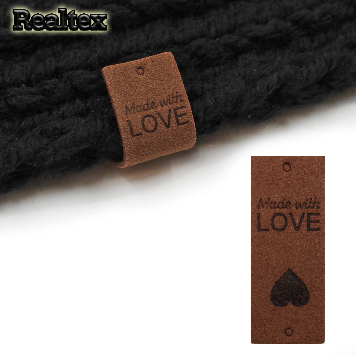 Бирка пришивная замша Realtex №25"Made with Love" цв.коричневый