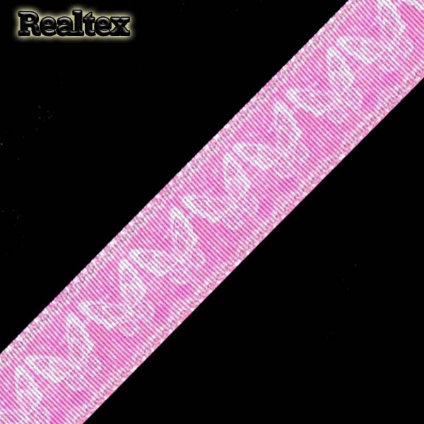 Лента репсовая с рисунком Реалтекс 25мм "Бабочки" цв.белый/розовый