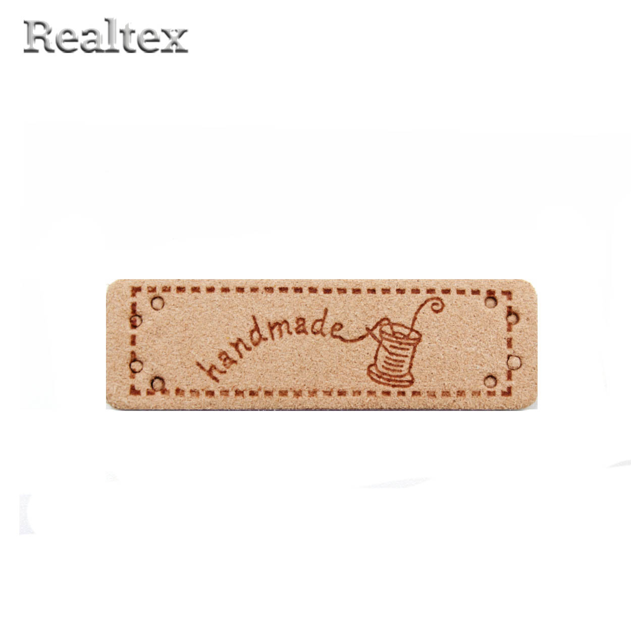 Бирка пришивная замша Realtex №24 "Катушка ниток с иглой" цв.розово-бежевый