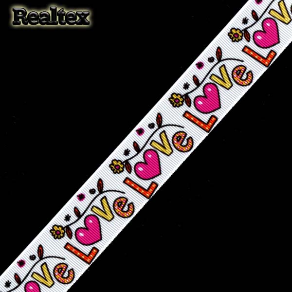 Лента репсовая с рисунком Реалтекс 25мм "Love/1" цв.белый
