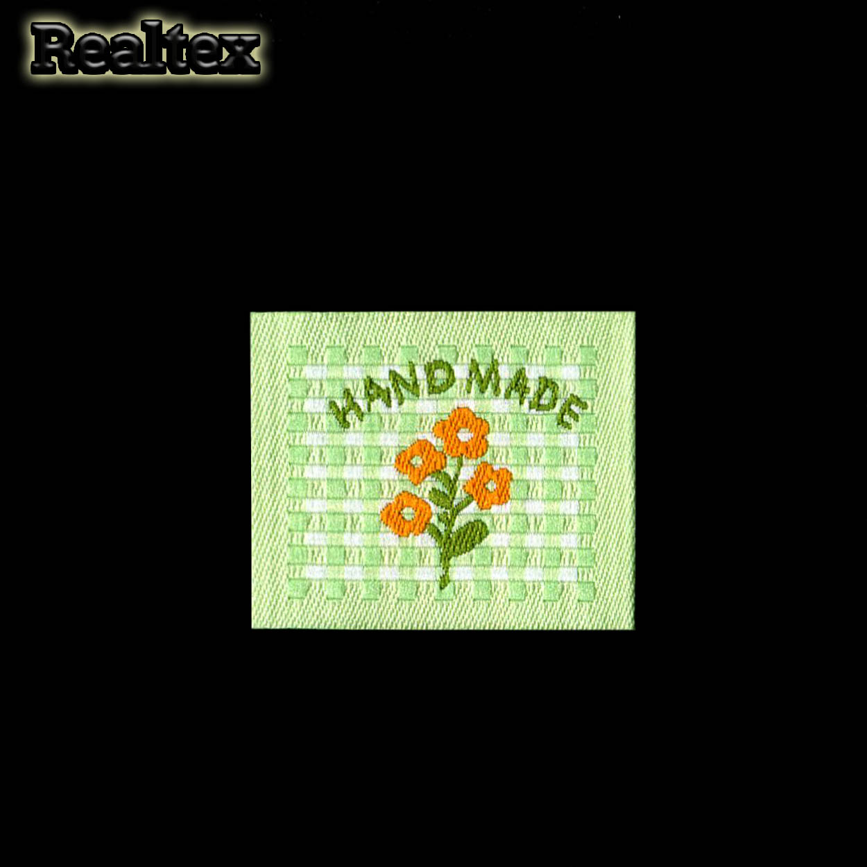 Бирка пришивная ткань Realtex №64 "HandMade" (25шт) цв.салат/оранжевый
