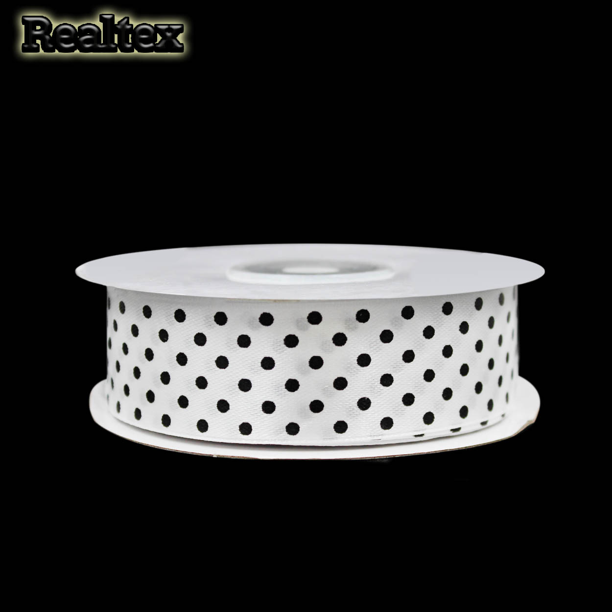 Лента атласная с рисунком  25мм  Realtex "Горох" цв.белый