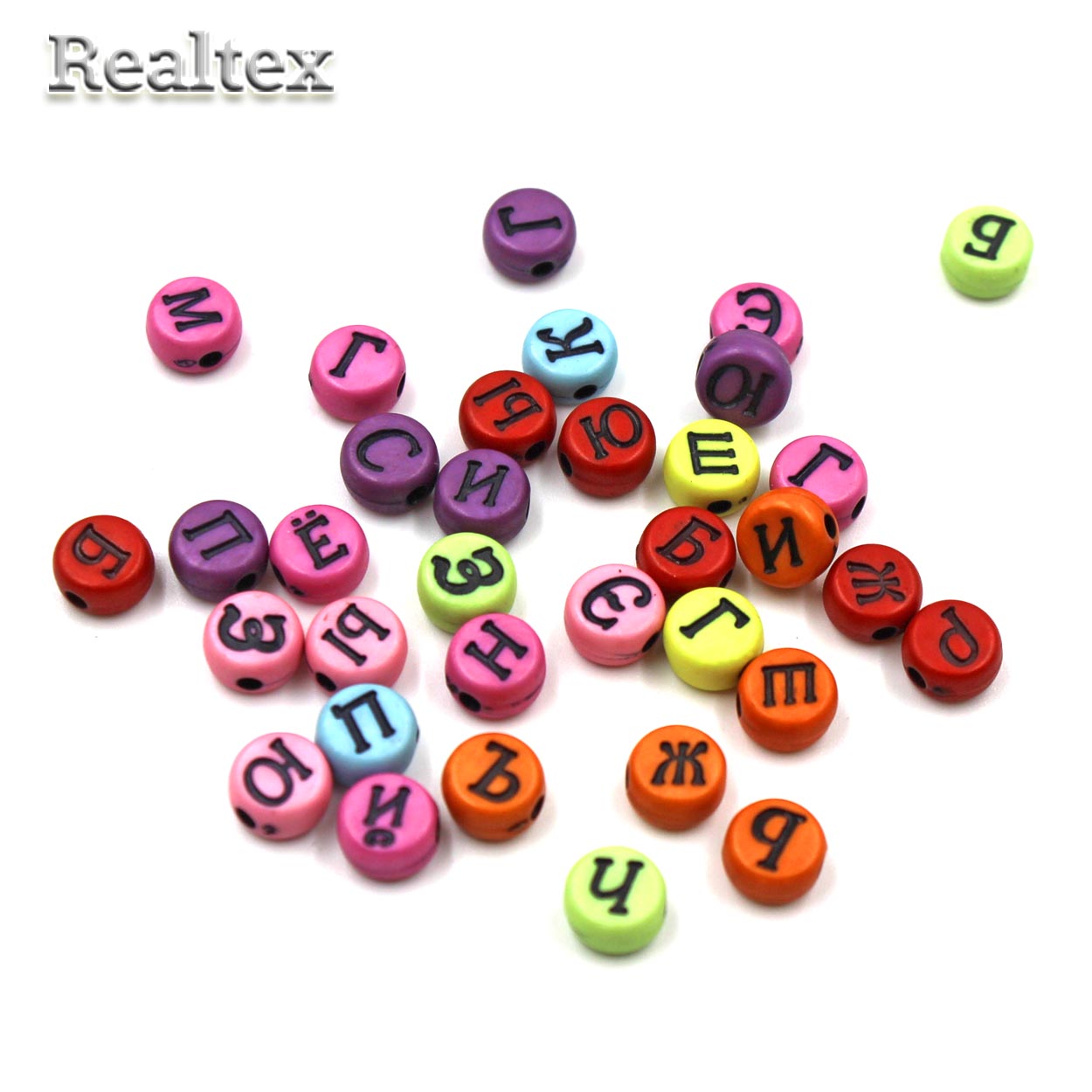 Бусины пластик Реалтекс Русский алфавит 4*7мм (500гр) цв.mix