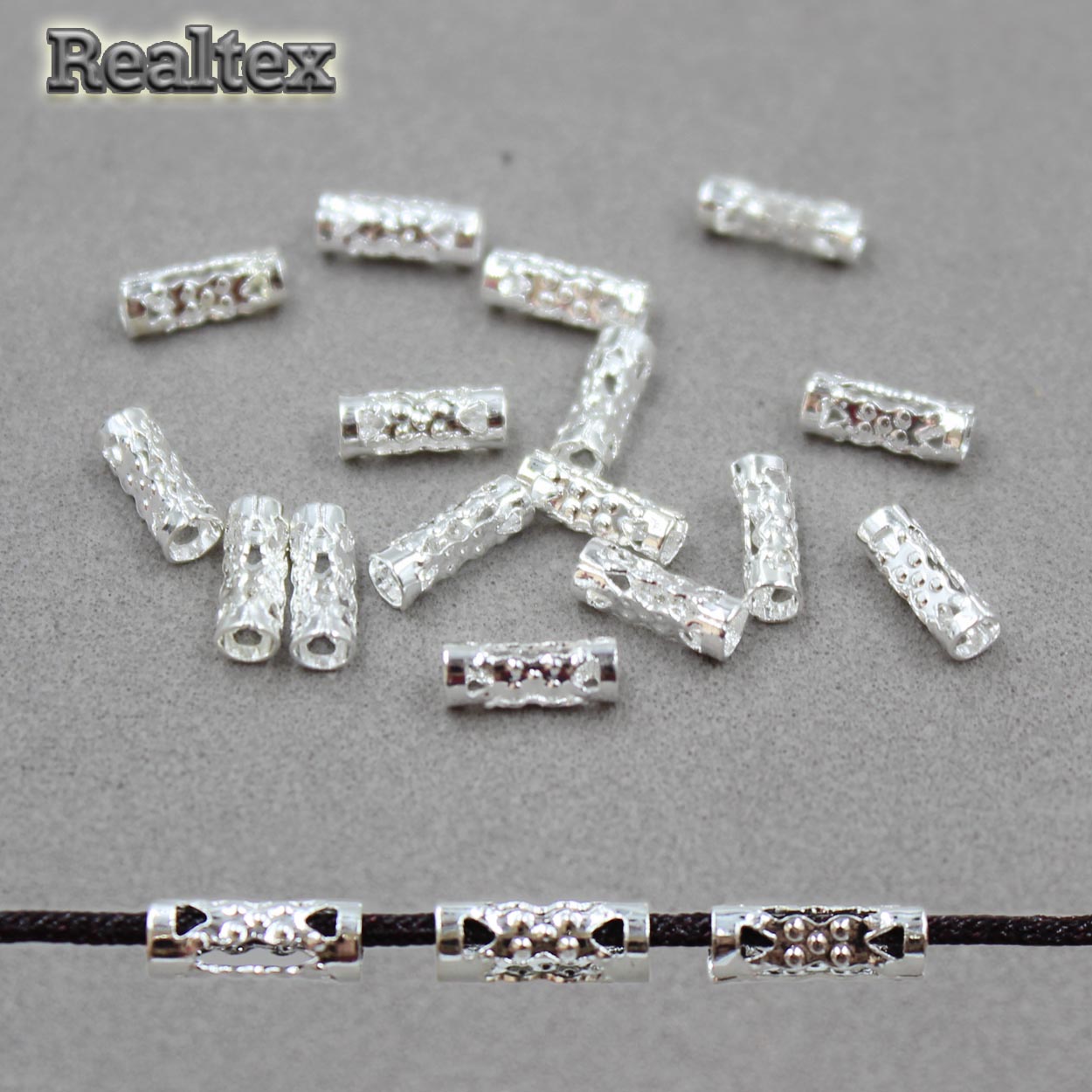 Трубочка ажурная "Realtex" для бижутерии 3*9мм (100шт) цв.серебро