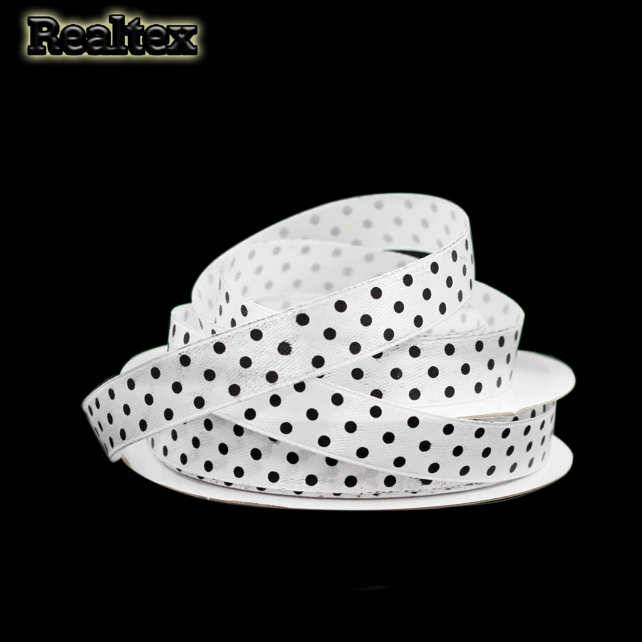 Лента атласная с рисунком  12мм  Realtex "Горох" цв.белый