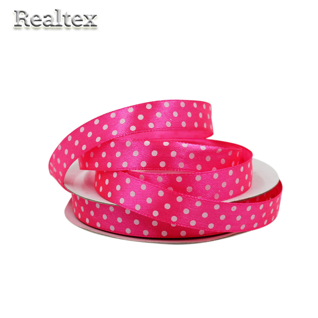 Лента атласная с рисунком  12мм  Realtex "Горох" цв.3034 ярко-розовый