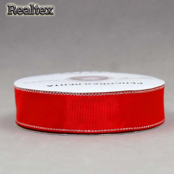 Лента репсовая с люрексом 25мм RS (22,8м) 057 красный/серебро