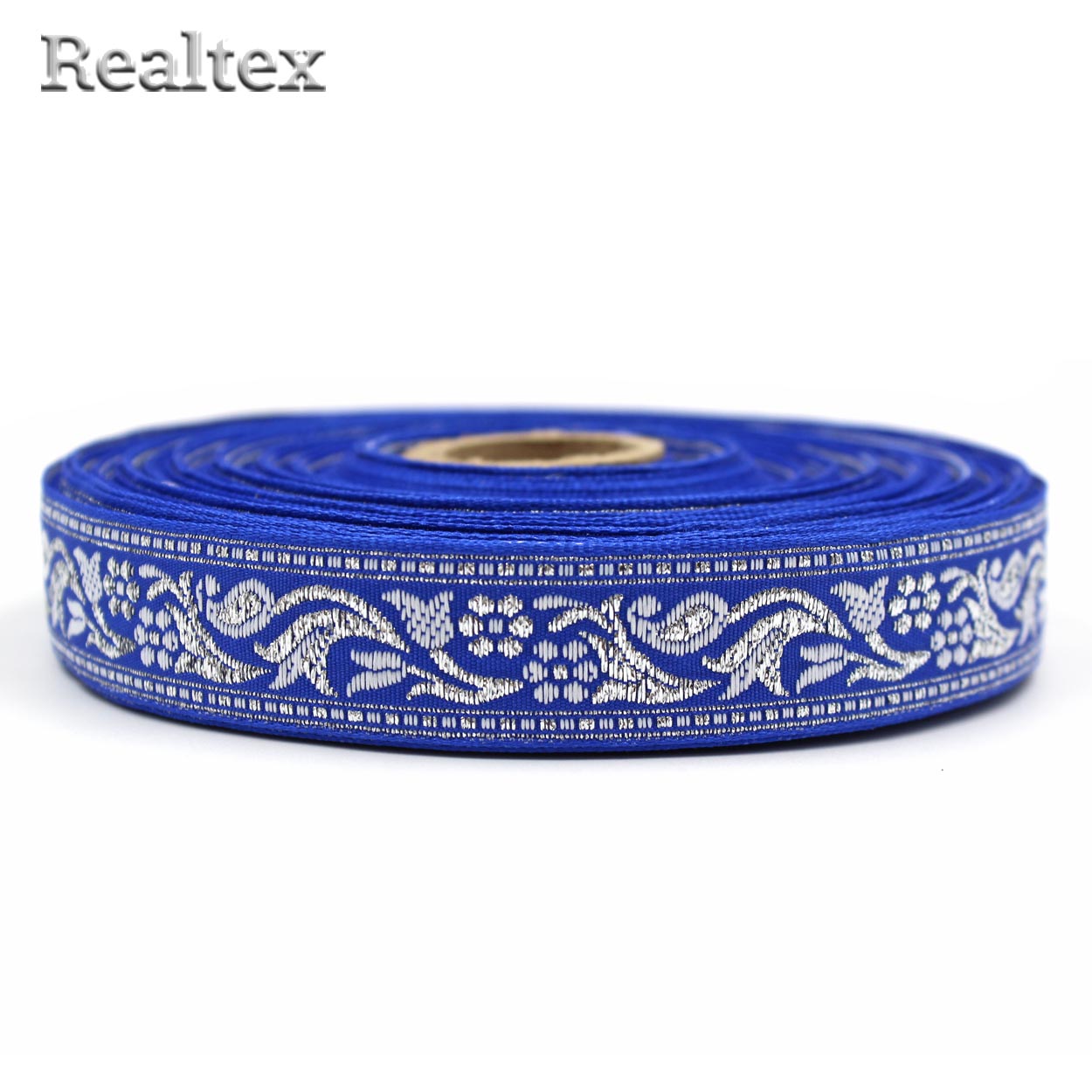 Тесьма жакардовая 24мм с1857г17 рис.9013"в" (25м) цв.электрик/белый/серебро