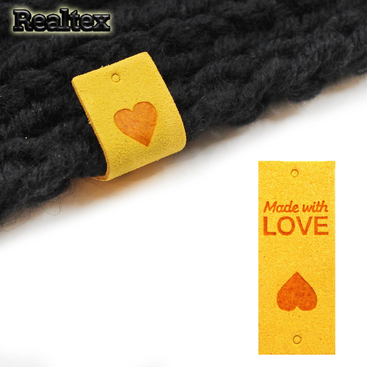 Бирка пришивная замша Реалтекс №25 "Made with Love" цв.темно-желтый