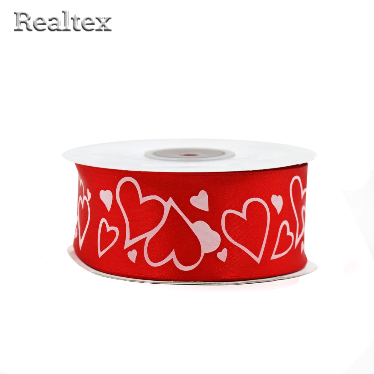 Лента  атласная с рисунком 40мм  Realtex "Сердечки" цв.красный (3047)/белый