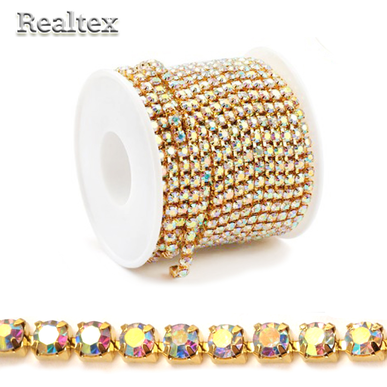 Тесьма-стразы Реалтекс SS-16 4мм (оригинал-стекло) цв.crystal AB/золото  