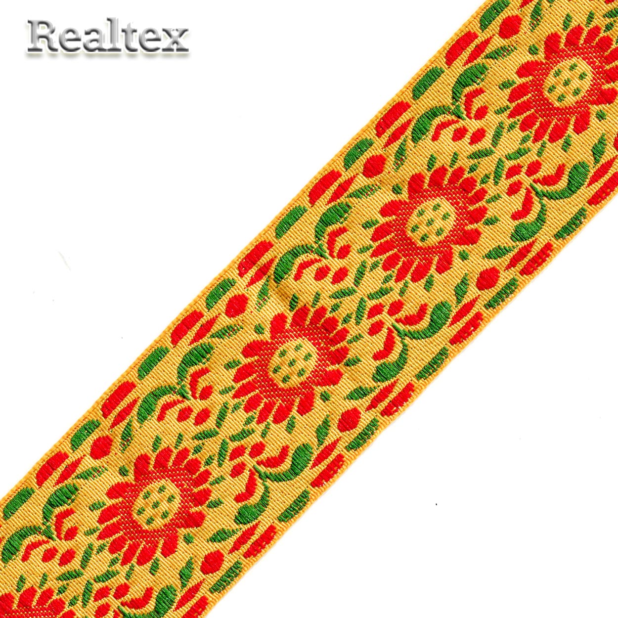 Тесьма жакардовая с3379г17 рис.9219 50мм (50м) цв.желтый/красный/зеленый
