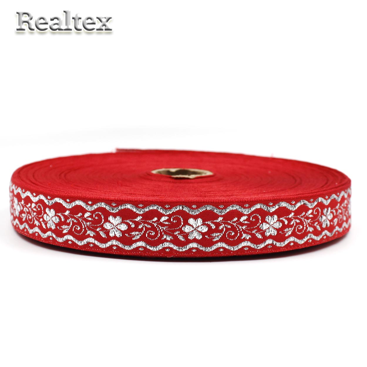 Тесьма жакардовая с1857г17 рис.9016"в" 24мм (50м) цв.красный/серебро