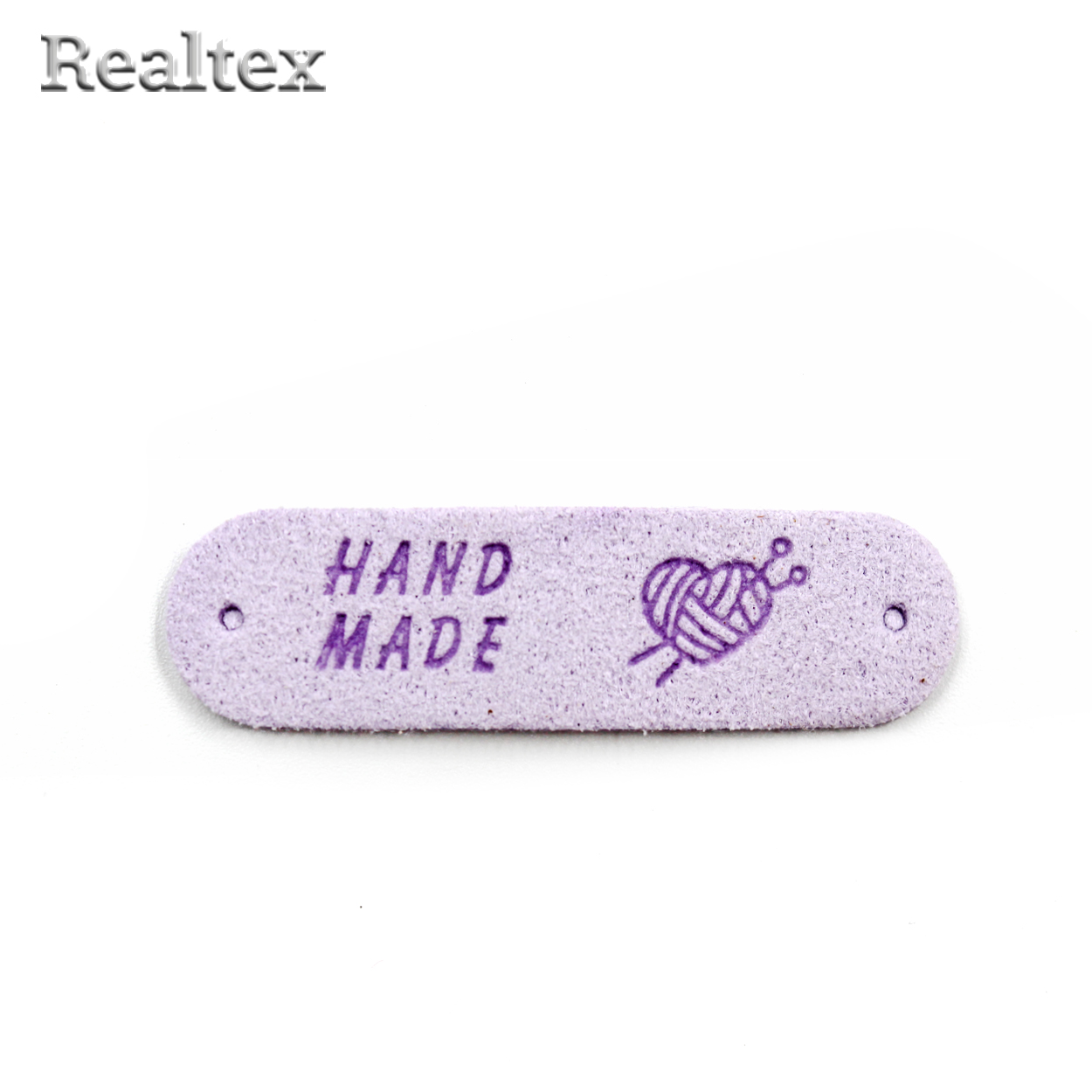 Бирка пришивная замша Realtex №23 "Клубок сердечком со спицами" цв.сиреневый