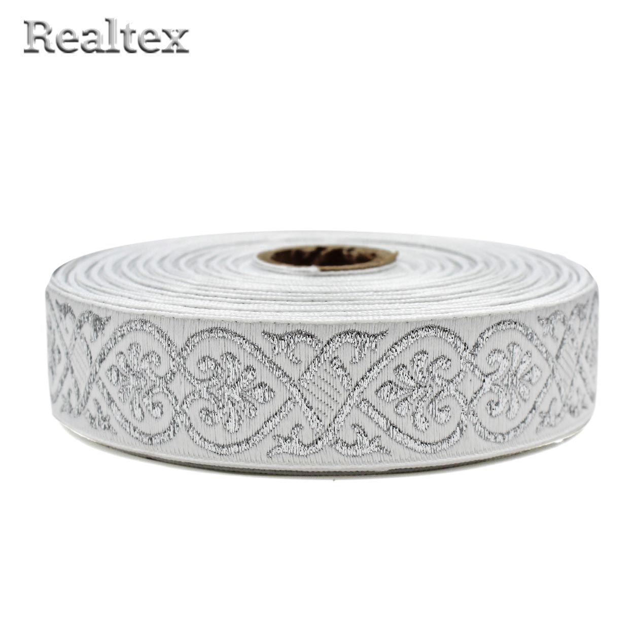 Тесьма жакардовая 32мм с3104г17 рис.9818 "в" (25м) цв.белый/серебро