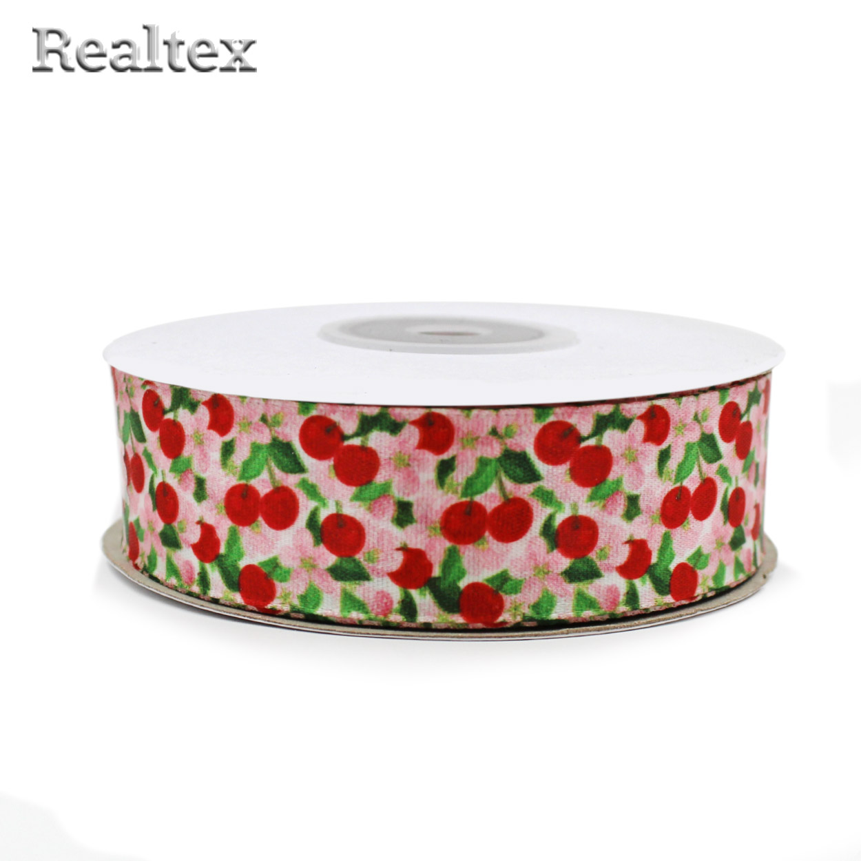 Лента атласная с рисунком  25мм  Realtex R 102 "Вишенки" цв.розовый