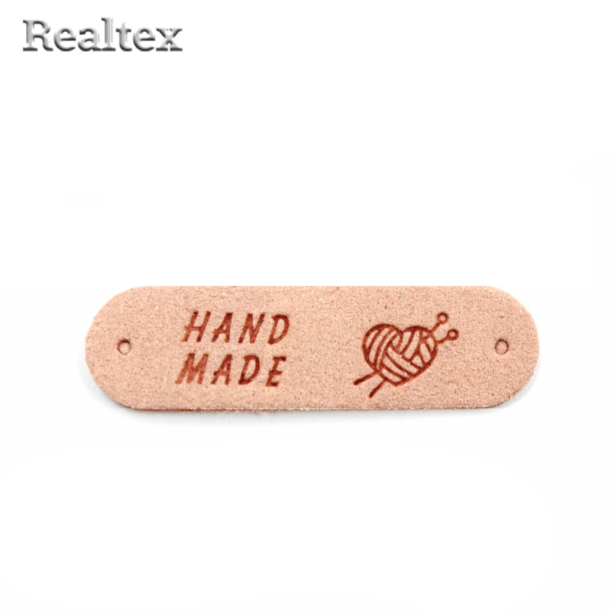 Бирка пришивная замша Realtex №23 "Клубок сердечком со спицами " цв.пудровый