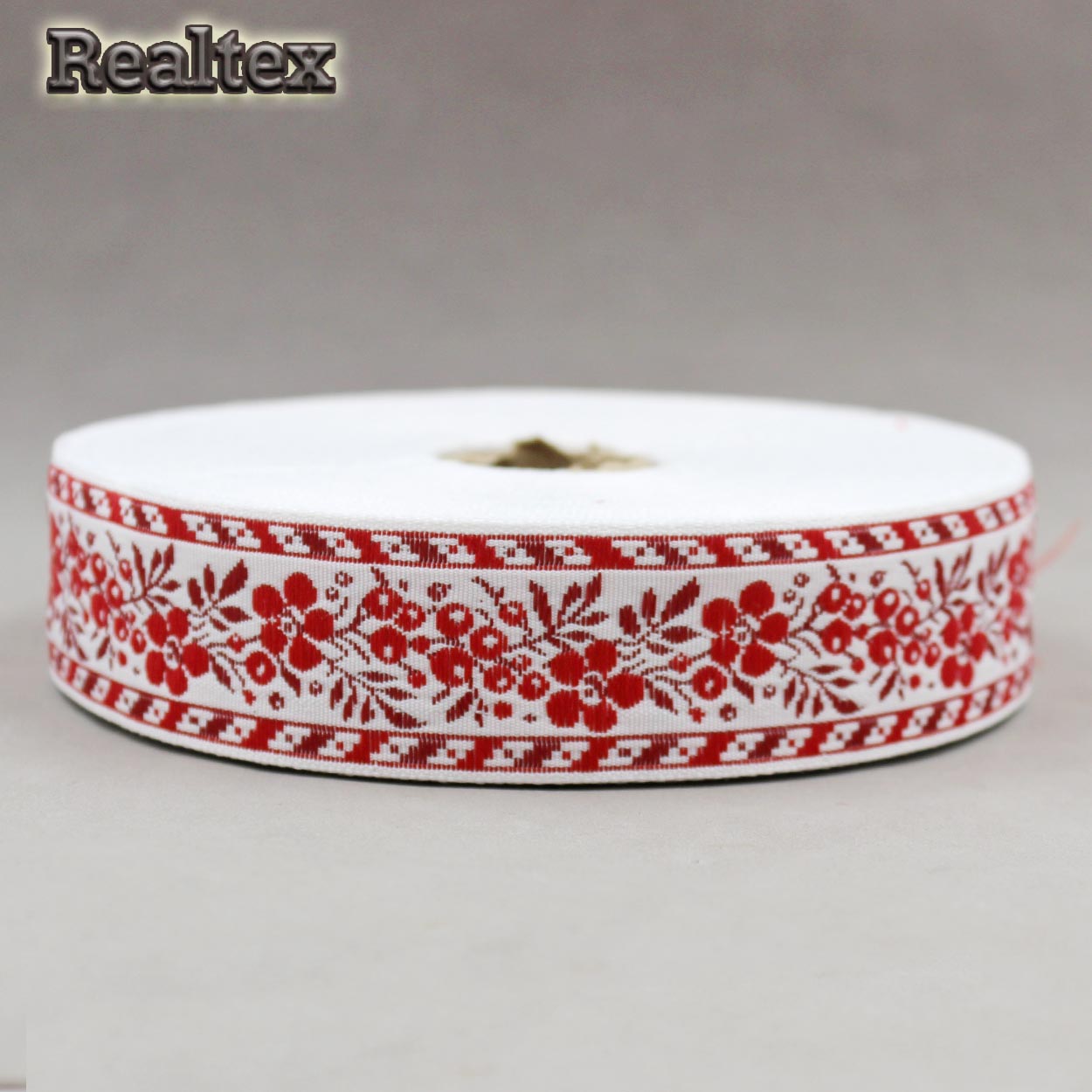 Тесьма жакардовая 32мм с1853г17 рис.9448 (25м) цв.белый/красный