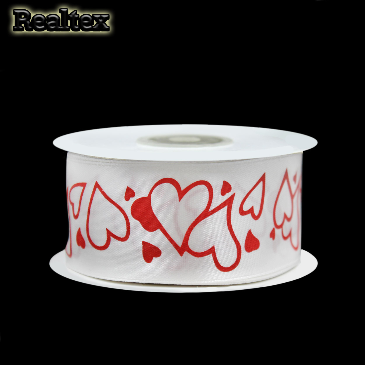 Лента  атласная с рисунком 40мм  Реалтекс "Сердечки" цв.белый/красный