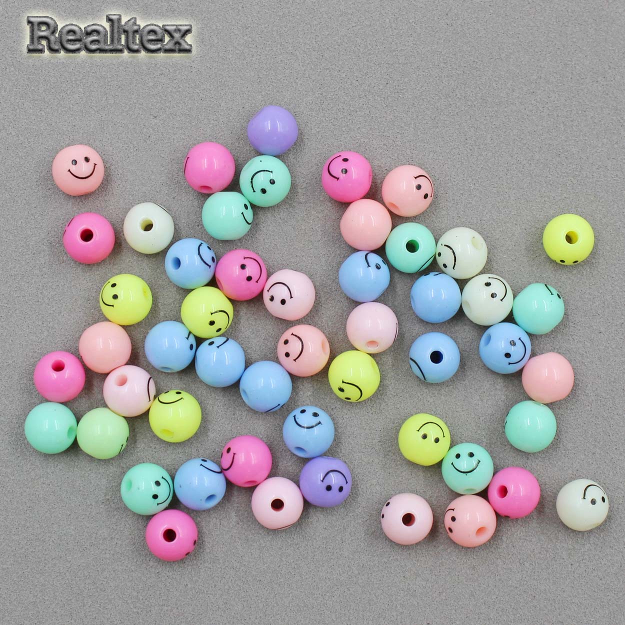 Бусины пластик Realtex Смайлик Шар 8мм (100гр) цв.mix/черный рисунок