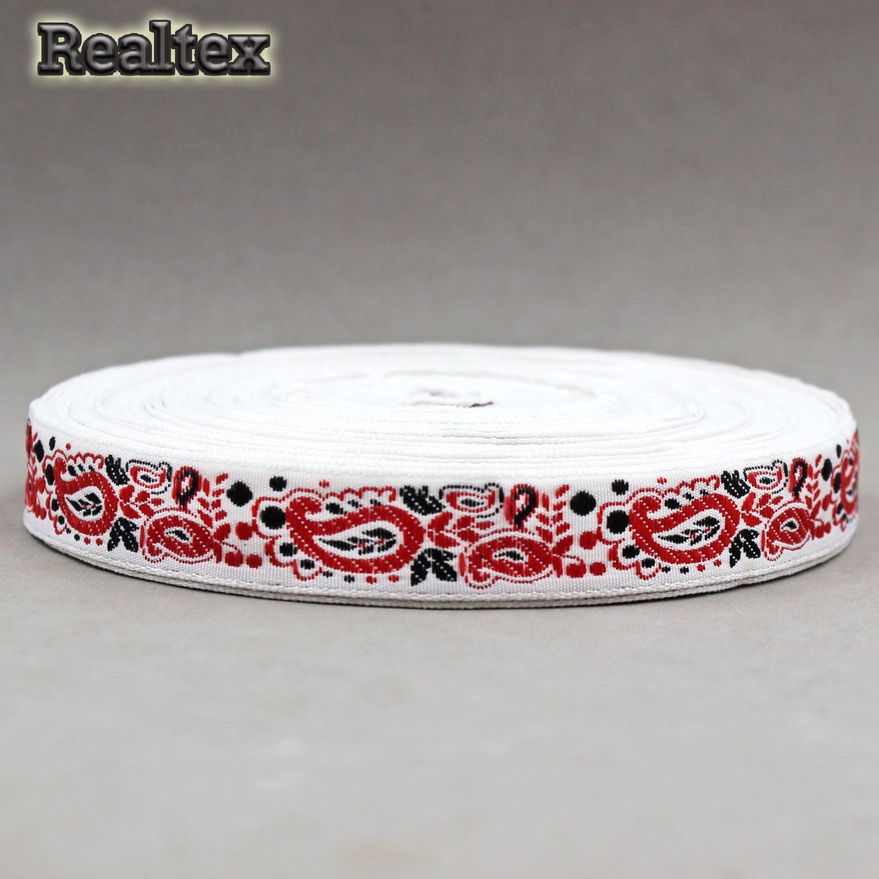 Тесьма жакардовая 18мм с1851г17 рис.9008 (25м) цв.белый/красный