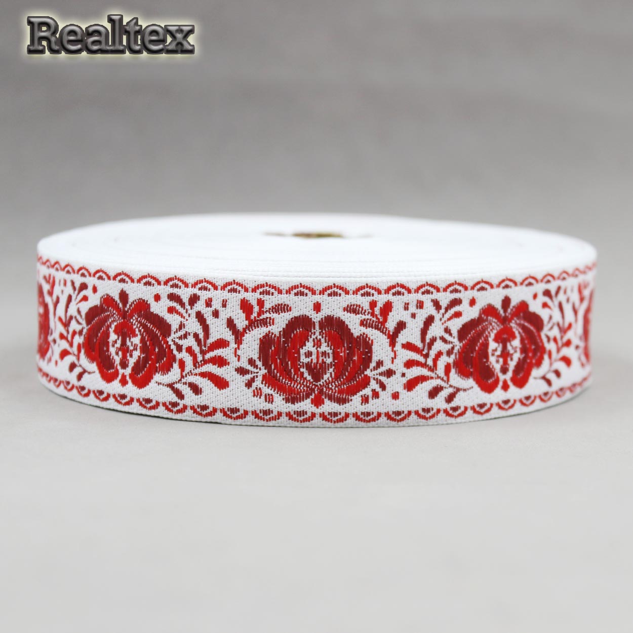 Тесьма жакардовая 32мм с1853г17 рис.9581 (25м) цв.жёлтый/красный