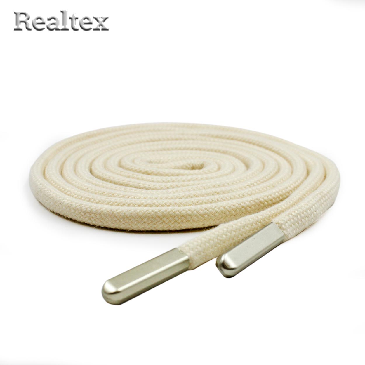 Шнур с наконечниками Realtex R- 8 круглый однотонный шир.6мм дл.140см (10шт) цв.молочный