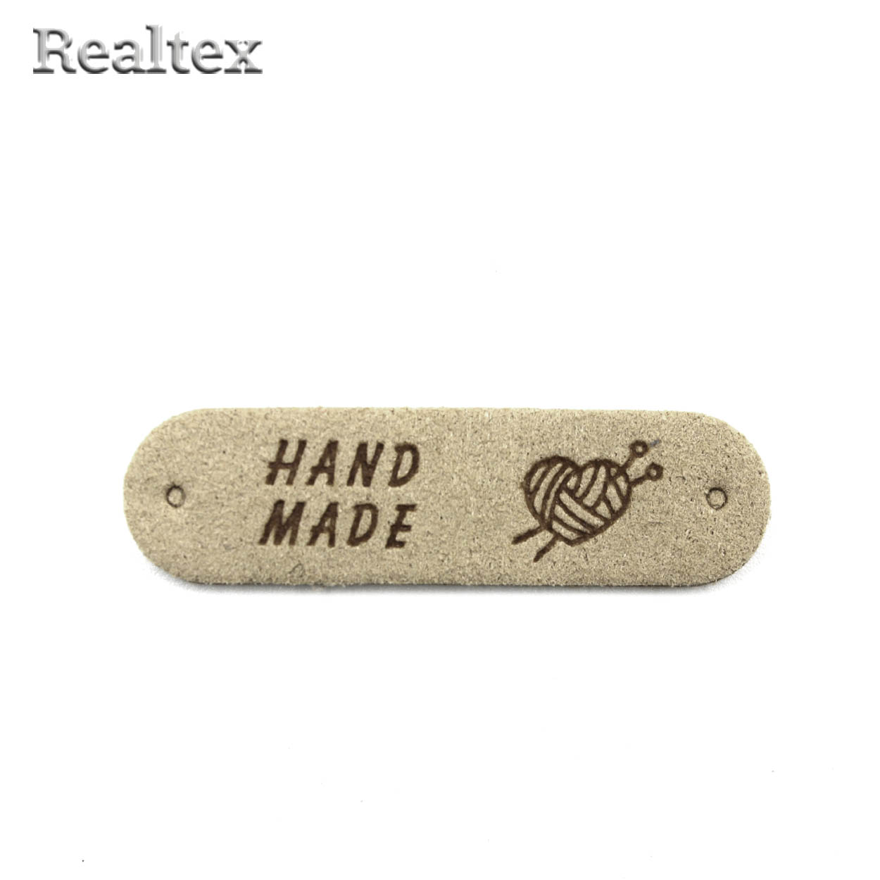 Бирка пришивная замша Realtex №23 "Клубок сердечком со спицами" цв.бежевый