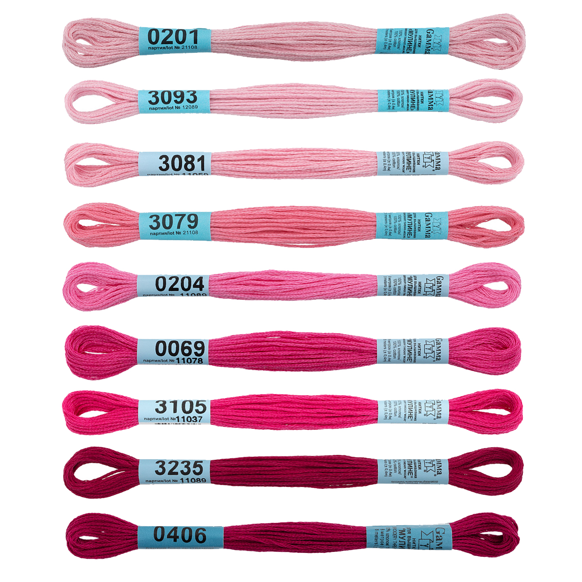 Набор мулине "ГАММА" №10 (9шт*8м) цв.бордово-розовый