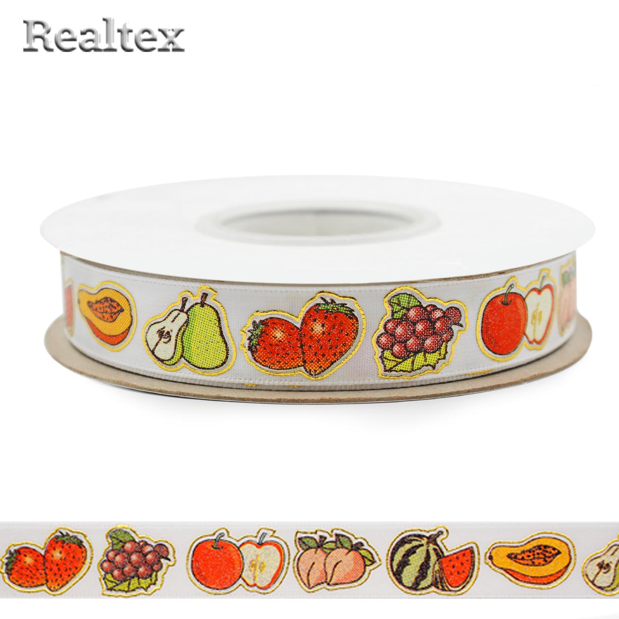 Лента атласная с рисунком 16мм "Фрукты" цв.029 белый