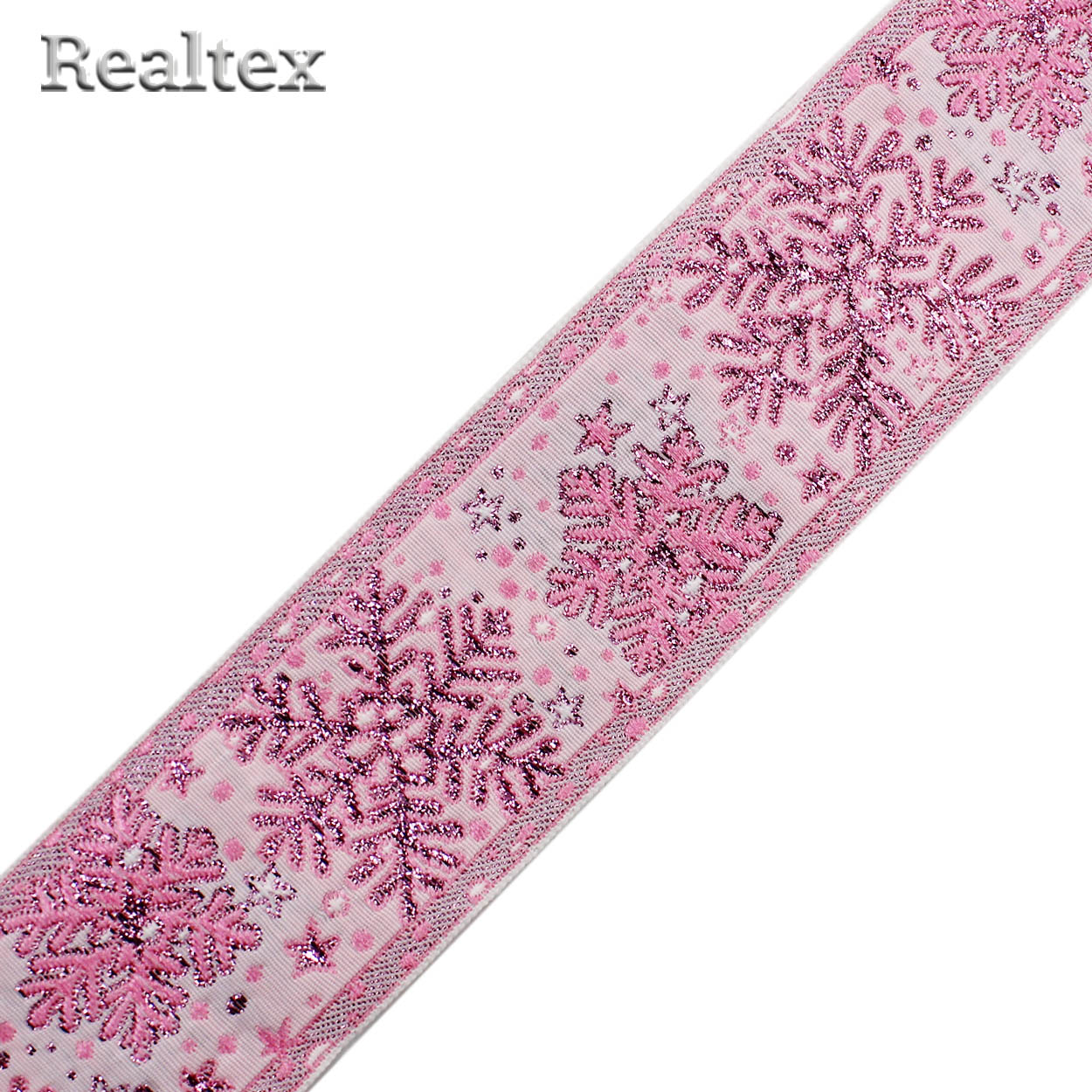 Тесьма жакардовая 50мм с3347г17 рис.9070 (50м) цв.белый/мет.розовый