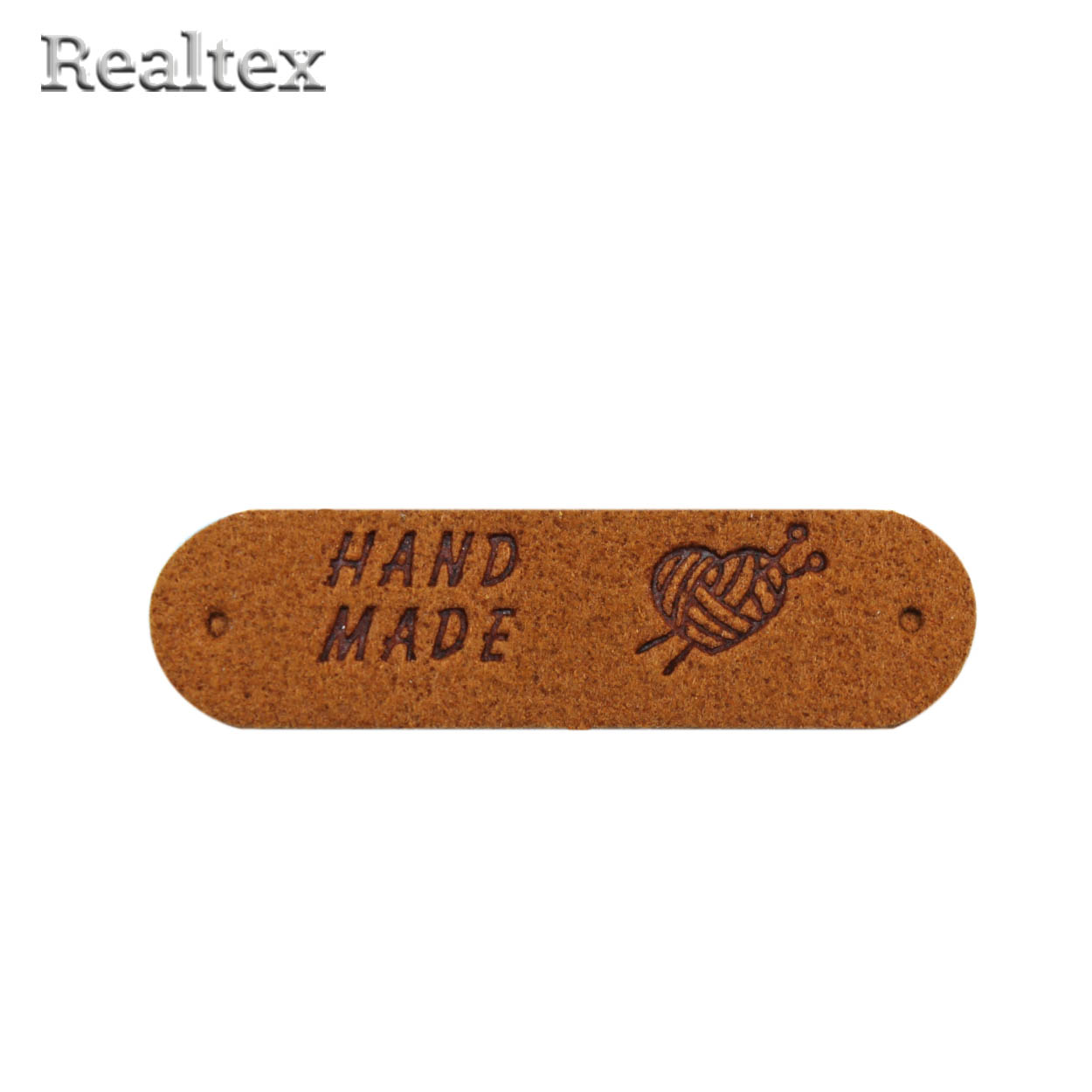 Бирка пришивная замша Realtex №23 "Клубок сердечком со спицами" цв.рыжий