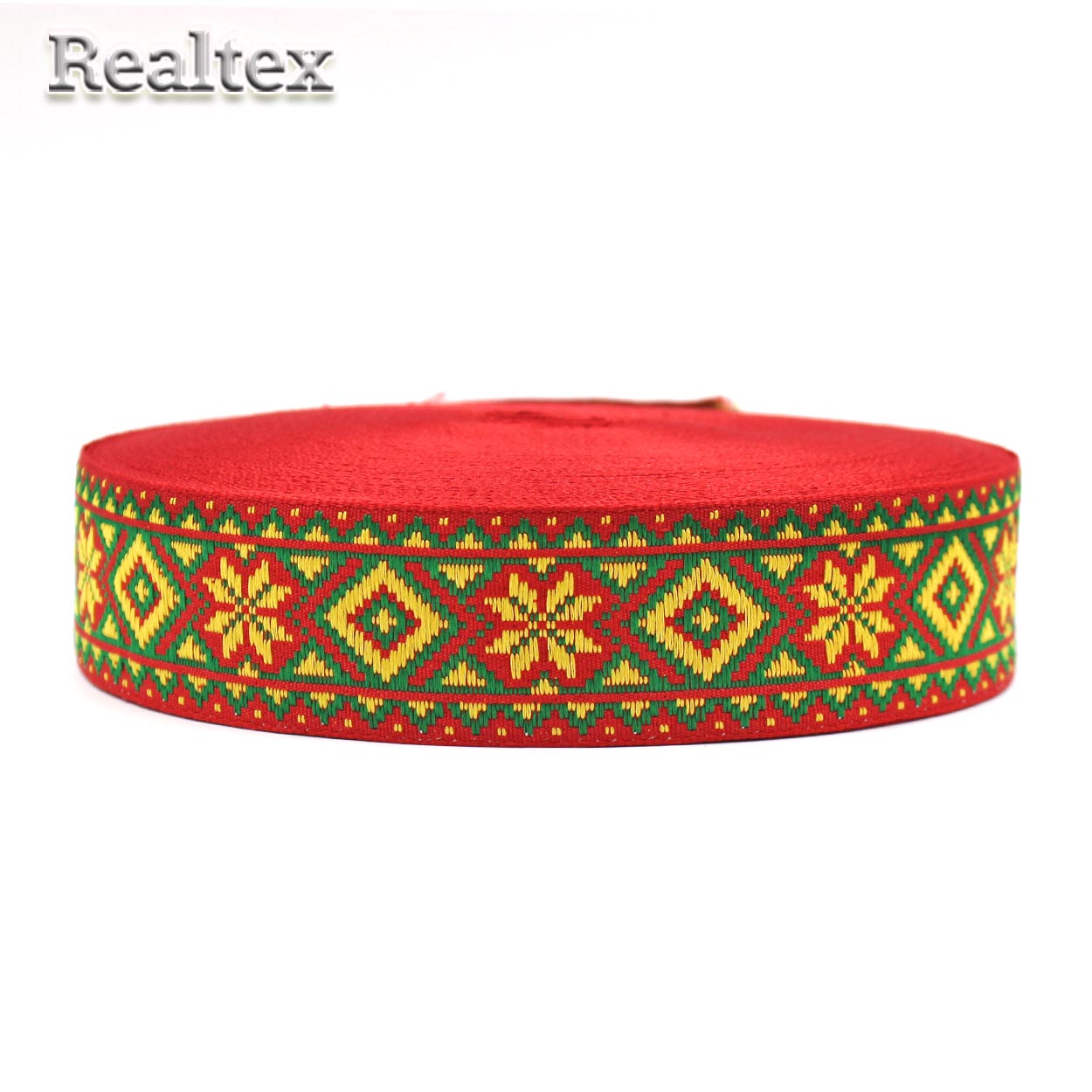 Тесьма жакардовая 32мм с1853г17 рис.9472 (25м) цв.красный/зеленый