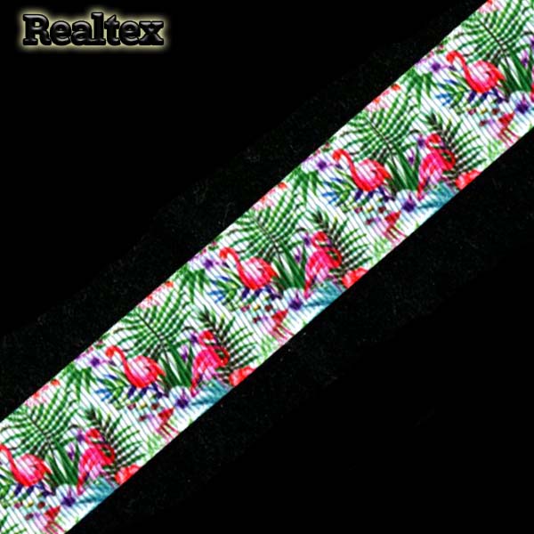 Лента репсовая с рисунком Реалтекс 25мм "Фламинго в листьях"  