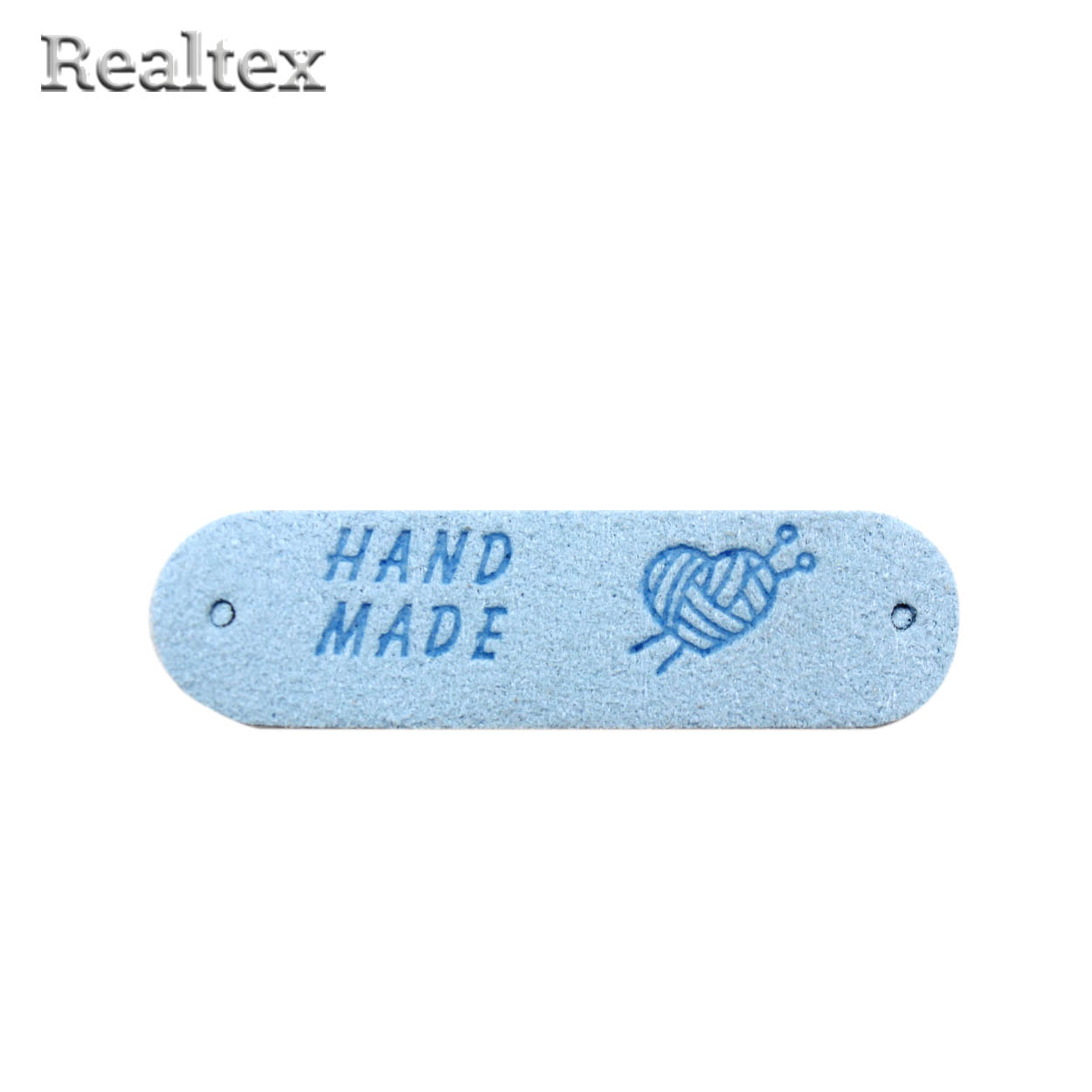 Бирка пришивная замша Realtex №23 "Клубок сердечком со спицами " цв.светло-голубой