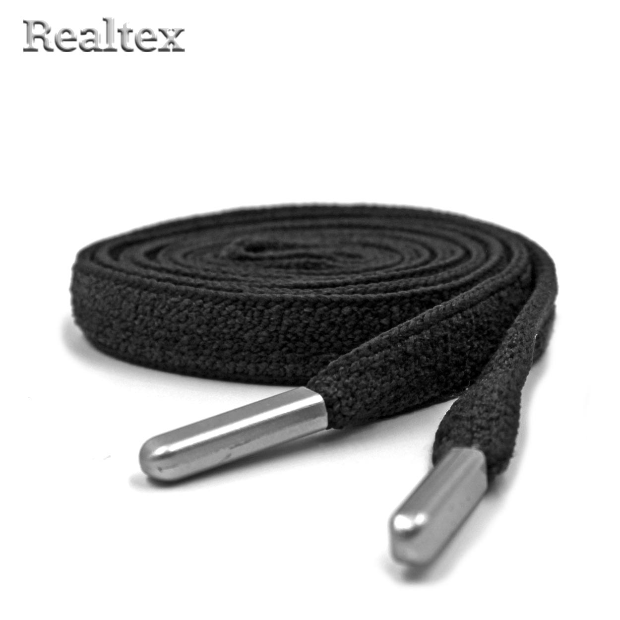 Шнур с наконечниками Realtex R- 5 плоский, однотонный, мягкий шир.8мм дл.140см (10шт) цв.черный