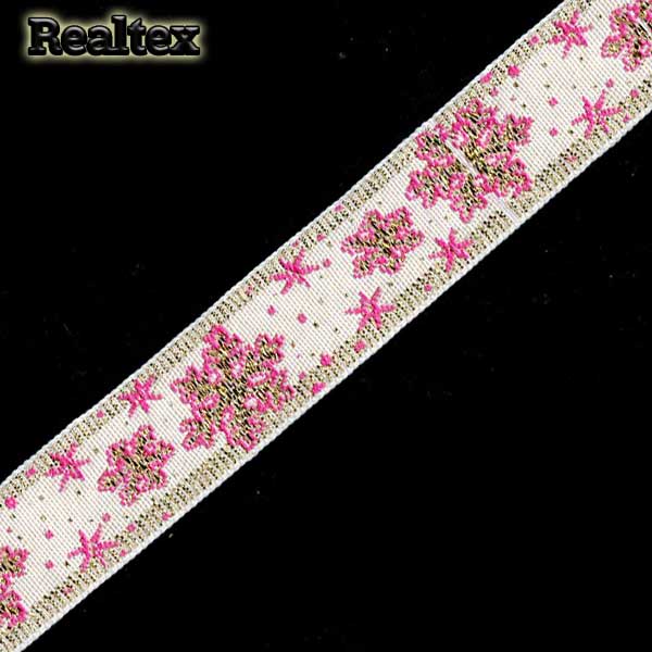 Тесьма жакардовая 24мм с1857г17 рис.8887"в" (10м) цв.белый/розовый/золото