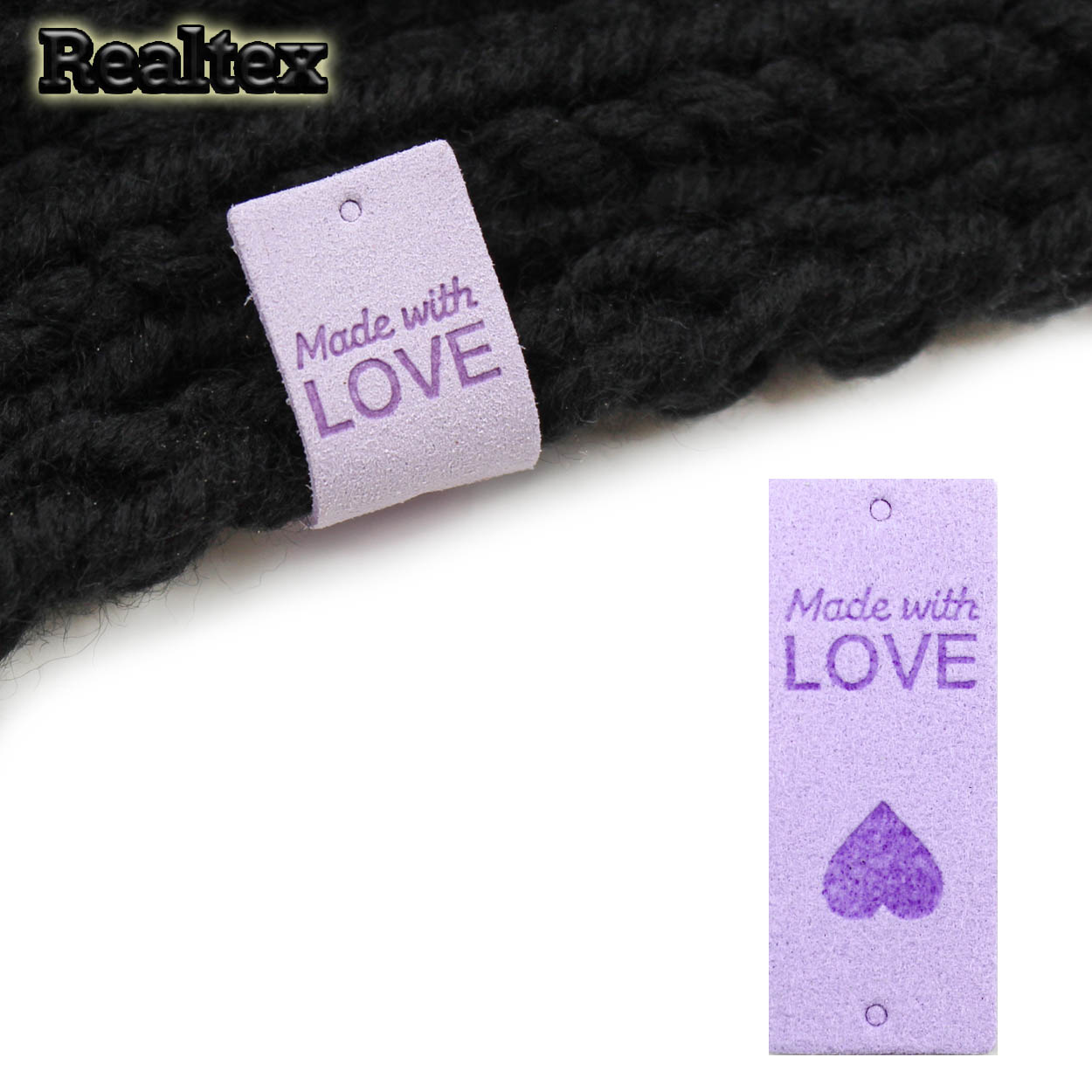Бирка пришивная замша Realtex №25 "Made with Love" цв.св.сиреневый