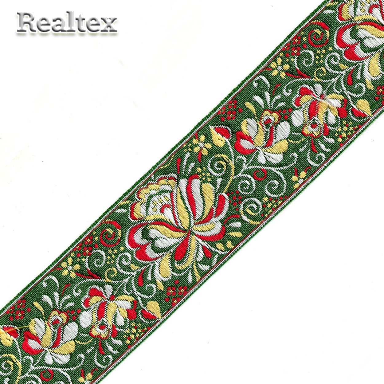 Тесьма жакардовая 50мм с3379г17 рис.9568 (25м) цв.зеленый/желтый